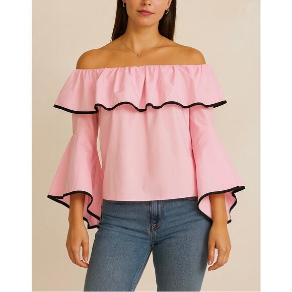 Zara Pink and Black Ruffle Off the Shoulder Bell Sleeve size small - Picture 1 of 8